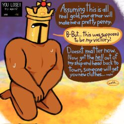 1boy covering embarrassed humiliation king_knight male male_only no_visible_genitalia nude poolside_dream shovel_knight stolen_clothes tagme toony