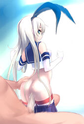 1boy animal_ears ass blonde_hair blue_eyes blush bunny_ears clothed_female_nude_male elbow_gloves female gloves green_eyes hairband kantai_collection long_hair looking_at_viewer motion_blur no_panties penis sex shimakaze_(kantai_collection) skirt skirt_pull small_breasts solo_focus sora_to_umi striped striped_legwear thighhighs