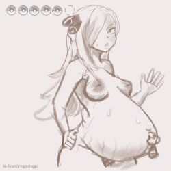 1girls belly big_belly breasts cynthia_(pokemon) female nipples outie_navel pokemon preggosteggo pregnant pubic_hair pussy solo sweat veiny_belly