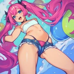 ai_generated blue_eyes cameltoe clothed flat_chest hip_dips milim_nava panties pink_hair short_shorts smile that_time_i_got_reincarnated_as_a_slime thighs thong_straps tubetop tummy twintails young