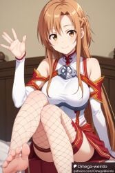 ai_generated braided_hair brown_eyes brown_hair dress feet_up female fishnet_legwear fishnets long_hair omega-weirdo patreon pointy_chin sitting sleeves smile sword_art_online wave yuuki_asuna