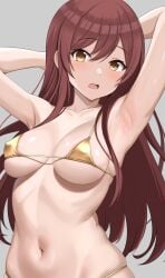 1girls areola_bulge armpits arms_behind_head arms_up bajitohfu bare_armpits bare_arms bare_belly bare_breasts bare_hips bare_midriff bare_navel bare_shoulders bare_skin belly belly_button bikini bikini_bottom bikini_only bikini_top blush blush blush_lines blushing_at_viewer blushing_female breasts brown_eyebrows brown_hair brown_hair_female cleavage collarbone dot_nose elbows embarrassed embarrassed_female embarrassed_nude_female exposed exposed_arms exposed_belly exposed_midriff exposed_shoulders eyebrows_visible_through_hair female female_focus female_only gold_bikini gold_bikini_bottom gold_bikini_top gold_string_bikini gold_swimsuit gold_swimwear hair_between_eyes half_naked half_nude hands_behind_head hands_up head_tilt high_resolution high_school_student highres idolmaster idolmaster_shiny_colors light-skined_female light-skinned light-skinned_female light_skin light_skin_female light_skinned light_skinned_female long_hair looking_at_viewer naked naked_female naked_woman navel nipple_bulge nude nude_female nudity oosaki_tenka open_mouth parted_lips posing school_girl sideboob simple_background slender_body slender_waist slim_girl slim_waist small_breasts solo standing string_bikini swimsuit swimwear teen_girl teenage_girl teenager the_idolm@ster the_idolm@ster_shiny_colors thin_waist tilted_head tongue underboob upper_body white_background wide_hips yellow_eyes yellow_eyes_female