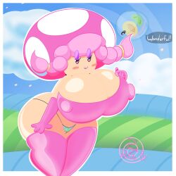 1girl 1girls big_ass big_breasts boots bubble clouds dialogue eyelashes female grass_field hair lips mario_(series) mob_face mushroom_cap mushroom_girl mushroom_humanoid nintendo pageprofile pink_hair shiny_skin shortstack sky smug smug_face super_mario_bros._wonder talking_flower_(super_mario_bros._wonder) text thong toadette twintails