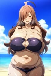 ai_generated bare_legs beach bikini bikini_top blush brown_hair closed_eyes gigantic_breasts gokoai hair_over_one_eye huge_breasts huge_thighs kono_subarashii_sekai_ni_shukufuku_wo! light-skinned_female light_skin long_hair massive_breasts mature_female milf pubes_exposed smiling solo_female squatting sweat sweatdrop thick_body thick_female thick_thighs thighs voluptuous voluptuous_female wiz_(konosuba)