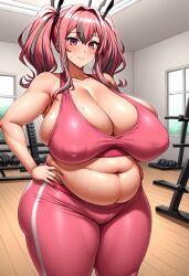 ai_generated azur_lane bangs bare_shoulders belly blush breasts bremerton_(azur_lane) cleavage covered_nipples curvy fat female gigantic_breasts indoors long_hair looking_at_viewer mole mole_under_eye muffin_top multicolored_hair navel overweight pink_eyes pink_hair pink_sports_bra pink_yoga_pants plump self_upload solo sports_bra sportswear streaked_hair sweat thick_thighs thighs twintails yoga_pants yoshi_tama_(style)