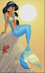 aladdin blue_tail breasts disney disney_princess jpeg justinblong lipstick male mermaid princess_jasmine sebastian_(disney) tail the_little_mermaid