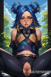 1female 1girls 1woman ai_generated anus artist_name asshole blue_hair breasts brown_eyes character female futarush genitals leggings neon_(valorant) patreon patreon_username pussy riot_games sultryspark torn_clothes torn_clothing torn_leggings vagina valorant video_game video_games