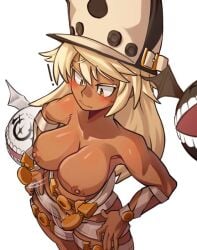 bandages blonde_hair blush breasts_out brown_skin dark_skin gold_eyes guilty_gear guilty_gear_xrd moxydrawsmore ramlethal_valentine tan_skin wardrobe_malfunction