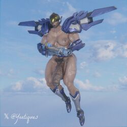 3d big_penis fareeha_amari flying futa_only futanari helmet helmet_with_visor muscular_futanari overwatch penis pharah pubic_hair scars solo sweaty veiny_penis yeetiques