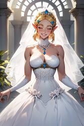 1girls ai_generated alternate_costume big_breasts big_smile blonde_female blonde_hair blue_hair_ornament breath_of_the_wild bride church cleavage female female_focus female_only happy happy_crying necklace princess_zelda smiling smiling_at_viewer tears_of_the_kingdom thalaria!! the_legend_of_zelda thin_waist tiara wedding_dress wedding_veil zelda_(tears_of_the_kingdom)