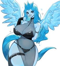 1girls anthro arm_under_breasts articuno avian beak big_breasts black_eyes blue_body blue_hair dress feathered_wings female female_only generation_1_pokemon hi_res leg_belt legendary_pokemon long_hair looking_at_viewer nintendo panties pokemon pokemon_(species) smiling smiling_at_viewer solo thick_thighs toge77789 togetoge transparent_clothing white_background wide_hips wings