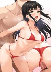 1boy anus arm_grab arm_held_back ass bikini bikini_bottom_aside black_hair blunt_bangs blush breasts censored clothing_aside collarbone commentary_request faceless faceless_male female green_eyes hair_ornament hairclip head_out_of_frame highres kurosawa_dia long_hair looking_at_viewer love_live! love_live!_sunshine!! male_pubic_hair medium_breasts mosaic_censoring multiple_views navel no_mole open_mouth penis pubic_hair pussy red_bikini sex short_hair simple_background standing standing_sex swimsuit teeth tongue tsuruyama_(tenten) upper_teeth_only vaginal_penetration white_background