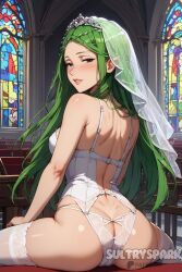 1female 1females 1girls 1woman ai_generated artist_name ass black_eyes boku_no_hero_academia breasts character church church_interior female from_behind futarush green_hair ibara_shiozaki marriage my_hero_academia panties patreon patreon_username shiozaki_ibara sultryspark video_game video_games wedding wedding_dress wedding_lingerie white_lingerie white_panties