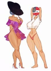 2girls arms_behind_head arms_up big_breasts big_hat countryhumans countryhumans_girl dress flawsy georgia_(statehumans) hat high_heels louisiana_(countryhumans) panties statehumans statehumans_girl sunhat thick_thighs thighs white_shirt