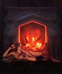 beard black_hair dragon_age dragon_age_the_veilguard fireplace looking_at_viewer lucanis_dellamorte male_focus male_only no_visible_genitalia pin_up swintprint