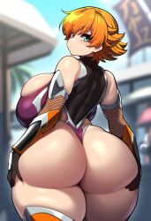 1girls 2d ai_generated ass ass_focus bare_shoulders big_ass big_breasts bodysuit breasts dat_ass day detached_sleeves fat_ass female green_eyes heavenly_ass hips hips_wider_than_shoulders holding_ass huge_ass igawa_sakura large_ass looking_at_viewer looking_back looking_back_at_viewer mochipawg orange_hair outdoors short_hair sideboob solo source standing taimanin_(series) taimanin_suit teal_eyes thick_thighs thighs wide_hips