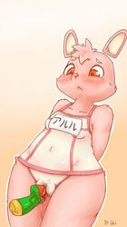 2014 anthro arms_behind_back blush breasts clothed clothes dildo eyebrows female fur furry japanese_text lagomorph looking_down mammal pink_fur pink_nose plain_background pussy pussy_juice rabbit red_eyes rigi sex_toy small_breasts solo standing sweat text underwear wet_pussy