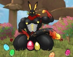 anthro bandithrt beefy big_balls big_penis black_fur bunny bunny_ears daddy easter_balls easter_bunny easter_egg fire free_fire furry furry_male furry_only gay glowing_eyes hairy_armpits hairy_balls heavy_balls male male_only manly penis solo_male tough_guy yellow_penis