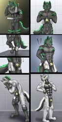 2024 abs absurd_res animal_genitalia animal_penis anthro barazoku biceps big_muscles biped black_body black_fur canid canine canine_genitalia canine_penis canis drone dronification flaccid fur genitals green_body green_eyes green_fur hi_res lock_bulge male mammal mitten_hands muscular muscular_anthro muscular_male nude_anthro nude_male pecs penis sheath shirtless_anthro shirtless_male solo standing submissive submissive_male wolf wolf_nikail