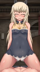 animal_ears bed blonde_hair blush bodypaint breasts censored cowgirl_position female helma_lennartz hi_res high_resolution highres long_hair lying medium_breasts monizumi_ishikawa multiple_girls navel nipples nude on_back open_mouth painted_clothes pussy small_breasts solo_focus straddling strike_witches yuri