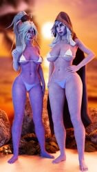 2girls 3d beach big_ass big_breasts blender blue_eyes blue_skin bra cape curvy dota_2 drow_ranger panties ponytail red_eyes sunset tagme the_cru1zer white_hair