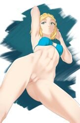 1girls belly_button bikini blonde_hair bottomless green_eyes human human_only medium_breasts pomelomelon princess_zelda pussy solo tears_of_the_kingdom the_legend_of_zelda zelda_(tears_of_the_kingdom)