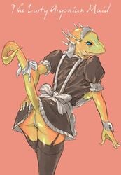 argonian ass ass_grab blue_eyes female lifts-her-tail looking_back lusty_argonian_maid maid_uniform presenting_hindquarters raised_tail scalie sideboob solo suspenders the_elder_scrolls thigh_highs unknown_artist upskirt video_games