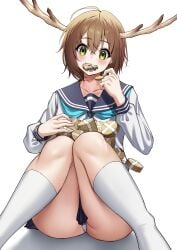 1girls :3 brown_hair deer deer_crackers deer_girl deer_horns eating green_eyes laimer looking_at_viewer my_deer_friend_nokotan panties pointy_chin shikanoko_noko shikanoko_nokonoko_koshitantan thick_thighs thighs white_panties