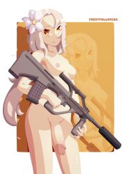 1futa amber_eyes areolae aug_(girls'_frontline) big_penis breasts crestfallen163 flaccid flat_color flower flower_in_hair futa_only futanari girls'_frontline gun holding_weapon human light-skinned_futanari light_skin minimalist nipples nude penis small_breasts smile solo standing white_hair