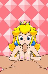 1boy 1girls animated blonde_hair blue_eyes breasts crown earrings fellatio female hair human looking_at_viewer male mario_(series) minus8 nintendo nipples nude oral paizuri penis pov ppppu ppppu_(original) princess_peach straight