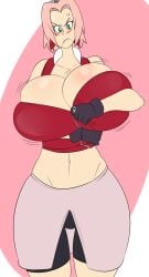 1girls alternate_breast_size big_breasts busty cleavage clothed denizen1414 female female_only human hyper_breasts naruto sakura_haruno solo top_heavy wardrobe_malfunction