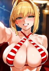 1girls ahoge ai_generated armpits bangs bare_shoulders bikini blonde_hair blurry blush braid breasts clavicle cleavage clothing criss-cross_halter curvaceous curvaceous_female curvaceous_figure curvy curvy_figure fate/extra fate/grand_order fate_(series) female female female_focus floxin french_braid green_eyes grin hair_between_eyes hair_bun hair_intakes hair_ornament halterneck huge_breasts inviting inviting_to_sex large_breasts long_hair looking_at_viewer navel nero_claudius_(fate) nero_claudius_(swimsuit_caster) open_mouth red_bikini red_swimsuit seductive seductive_look seductive_smile selfie smile solo striped striped_bikini striped_swimsuit swimsuit tied_hair upper_body voluptuous voluptuous_female