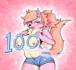 1girls anthro breasts breasts_out female female_only furry lesbian_pride_colors looking_at_viewer luci_(lucia_mane) lucia_mane nipples pink_body pink_eyes pink_fur shirt_lift solo tongue tongue_out