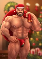 abs bara beard biceps big_bulge brimstone_(valorant) bulge christmas daddy dilf hairy_chest holidays male male_nipples male_only male_pubic_hair manly mature_male mongmonty muscular_male nipples pecs riot_games underwear valorant