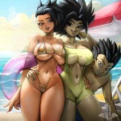 1boy 2girls beach beach_background bikini cabba caulifla dragon_ball dragon_ball_super elitenappa female golden_bikini kale male multiple_girls saiyan saiyan_girl swimsuit universe_6 universe_6_girls