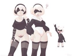 ? blindfold bra breasts clothed_female clothed_male femboy fingerless_gloves headband headphones heart heart jacket leggings leotard long_sleeves nekuzx nier:_automata panties pink_hair question_mark shorts sleeves thumbs_up topwear vests white_hair yorha_2b yorha_9s