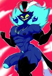 ai_generated asmodeus_(helluva_boss) big_cock big_penis blue_fur blue_nipples blue_skin daddy hat helluva_boss muscular_male novelai pecs penis red_background solo_male veiny_penis