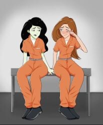 2girls arrested crying_with_eyes_open disney female female_only holding_hands human kim_possible kimberly_ann_possible multiple_girls prison_uniform prisoner shego