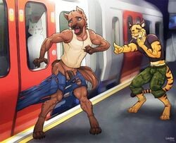 anthro bad_luck blue_eyes brown_fur fur furry green_eyes hiena hyena male male_only metro muscle penis torn_clothes