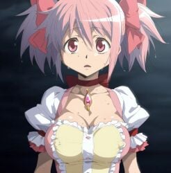 ai_generated gokoai hair_ribbon huge_breasts large_breasts light-skinned_female light_skin madoka_kaname mahou_shoujo_madoka_magica pink_eyes pink_hair puella_magi_madoka_magica shocked_expression solo_female squatting sweat sweatdrop twintails voluptuous voluptuous_female