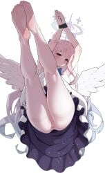 absurdres angel_wings anus arms_up ass blue_archive blush bound bound_wrists commentary_request dress feathered_wings female full_body highres legs legs_up looking_at_viewer lying manzai_sugar mika_(blue_archive) no_panties no_shoes on_back pantyhose pink_hair pussy see-through simple_background soles solo thighband_pantyhose white_background white_dress white_pantyhose white_wings wings