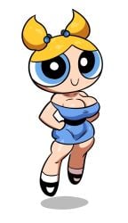 artstyle_imitation big_breasts blonde bubbles_(powerpuff_girls) cartoon_network cleavage cute fat_ass floating hands_on_hips pigtails powerpuff_girls skimpy skimpy_dress superheroine thiccbrickk thick_thighs thin_waist