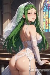 1female 1females 1girls 1woman ai_generated artist_name ass black_eyes boku_no_hero_academia breasts character church church_interior female from_behind futarush green_hair ibara_shiozaki marriage my_hero_academia panties patreon patreon_username shiozaki_ibara sultryspark video_game video_games wedding wedding_dress wedding_lingerie white_lingerie white_panties