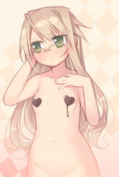 arima_senka blonde_hair chocolate female female_only flat_chest glasses green_eyes heart human kashiwamochi_yomogi long_hair meiji_(brand) meiji_(chocolate) naked_chocolate navel nude original solo valentine