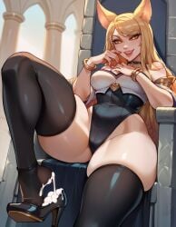 1girls ahri ai_generated black_legwear blonde_hair bracelet breasts brinkai choker cum cum_on_feet cum_on_shoes dominant_female eyelashes fangs female female_only femdom fox_ears from_below glowing_eyes golden_eyes high_heels highres k/da_ahri k/da_series league_of_legends legwear leotard lips long_hair medium_breasts nail_polish pink_nails sitting skindentation smirk solo stockings thick_thighs thighhighs thighs throne yellow_eyes