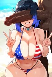 1boy 1girls ai_generated american_flag_bikini artist_upload ballsack big_breasts big_penis bikini breasts cant_see_the_haters dark-skinned_male female genitals genshin_impact grin interracial light-skinned_female male peace_sign penis penis_awe penis_in_front_of_face penis_on_face tagme wide_hips yelan_(genshin_impact)