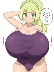 1girls big_breasts breasts creatures_(company) female gamefreak gigantic_breasts huge_breasts jaga334 large_breasts lillie_(pokemon) nintendo one-piece_swimsuit pokemon pokemon_sm solo thick_thighs