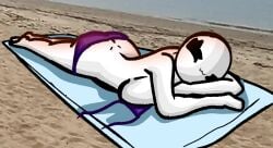 :3 alternate_version_available bald bald_female beach bikini bikini_bottom bikini_top black_eyes bra_down breasts breasts_out chetoh claire_(chetoh) egg female looking_at_viewer oc original original_character real_background sand sunbathing top_removed towel white_body