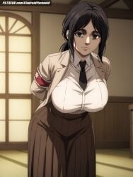 ai_generated aindroidparanoid attack_on_titan big_breasts black_eyes black_hair breast_grab breasts busty cleavage curvy female forest grabbing_own_breast huge_breasts indoors jacket large_breasts messy_hair narrow_waist pieck_finger ponytail shingeki_no_kyojin shirt skirt slim_waist smile stable_diffusion straight_hair tired_eyes voluptuous