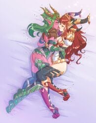 alexstrasza female female_only green_hair horns incest kissing red_hair sisters tongue tongue_out vanillerainbow world_of_warcraft ysera yuri